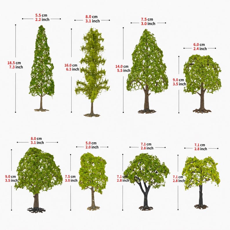 Miniature Model Tree Sets with Adjustable Detachable Bases for Railway Hillside, Diorama & Landscape Scenery
